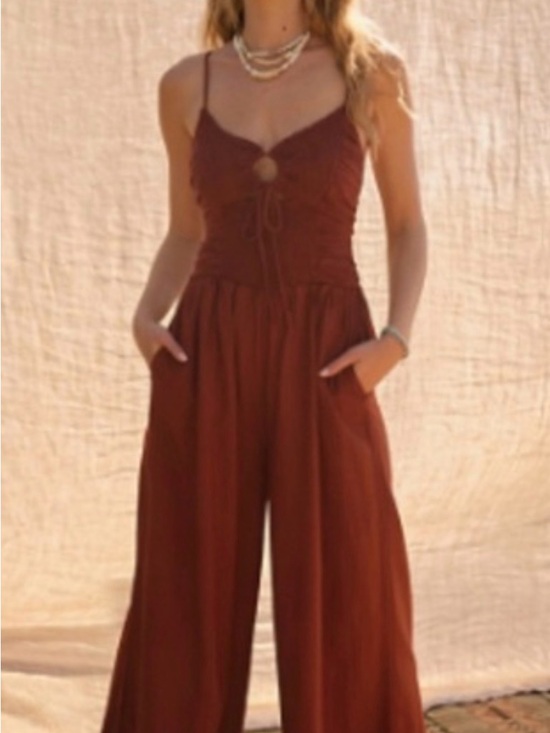 Free People Pants - Free People Rust Brown Smocked Bodice Wide-Leg Jumpsuit